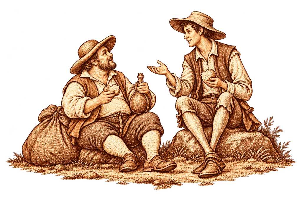Sancho shares food with Tosilos on the journey home.