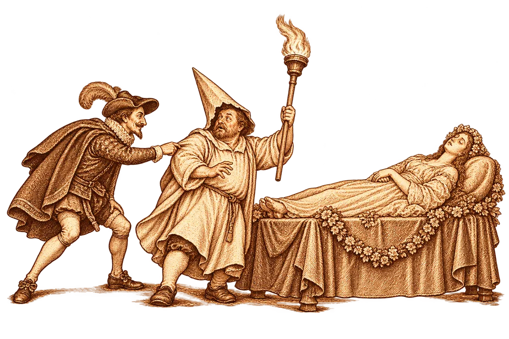 Sancho protests with a torch at Altisidora's staged funeral.
