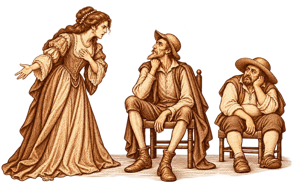 Altisidora admite su engaño ante Don Quijote y Sancho.