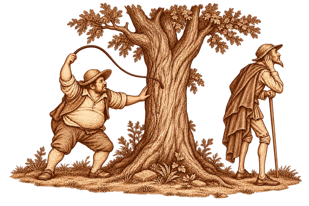 Sancho golpea un árbol mientras Don Quijote cree que cumple los azotes.