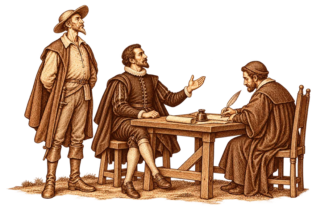 Álvaro Tarfe testifies before a scribe to the true Don Quixote's identity.
