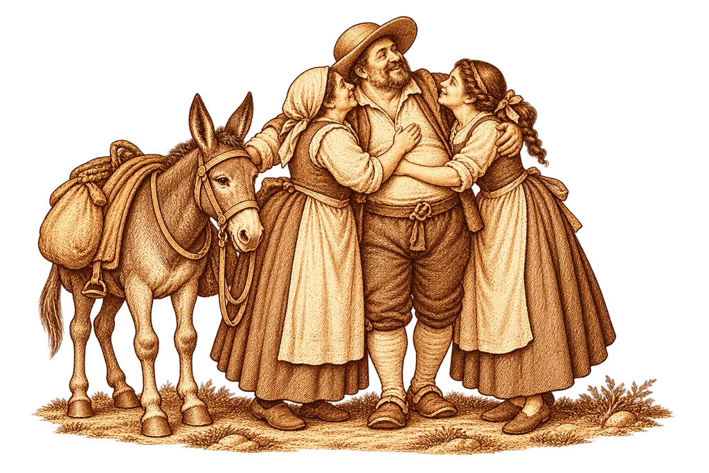 Sancho embraces Teresa and Sanchica on returning to the village.