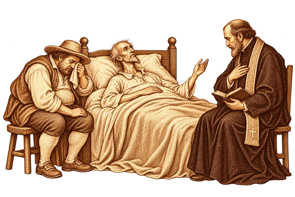 Alonso Quijano gives his last wishes in bed, accompanied by Sancho and the priest.
