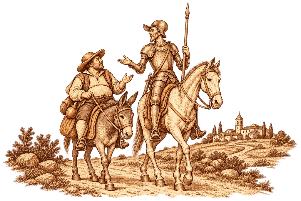 Don Quixote and Sancho converse on their mounts near a village, illustrating Part 2.